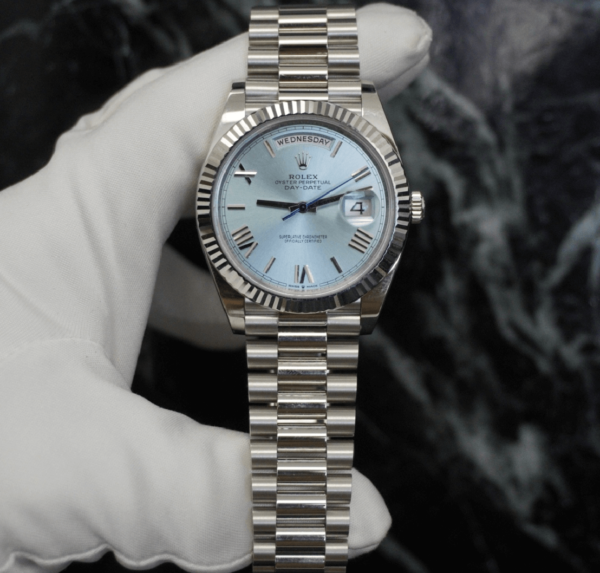 Rolex Day-Date in Platinum with an ice blue dial