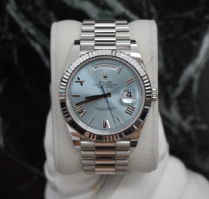 Rolex Day-Date in Platinum with an ice blue dial